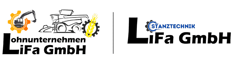 Logos für Lohnunternehmen LiFa GmbH mit landwirtschaftlichen Geräten und LiFa GmbH Stanztechnik mit einem Zahnradsymbol.
